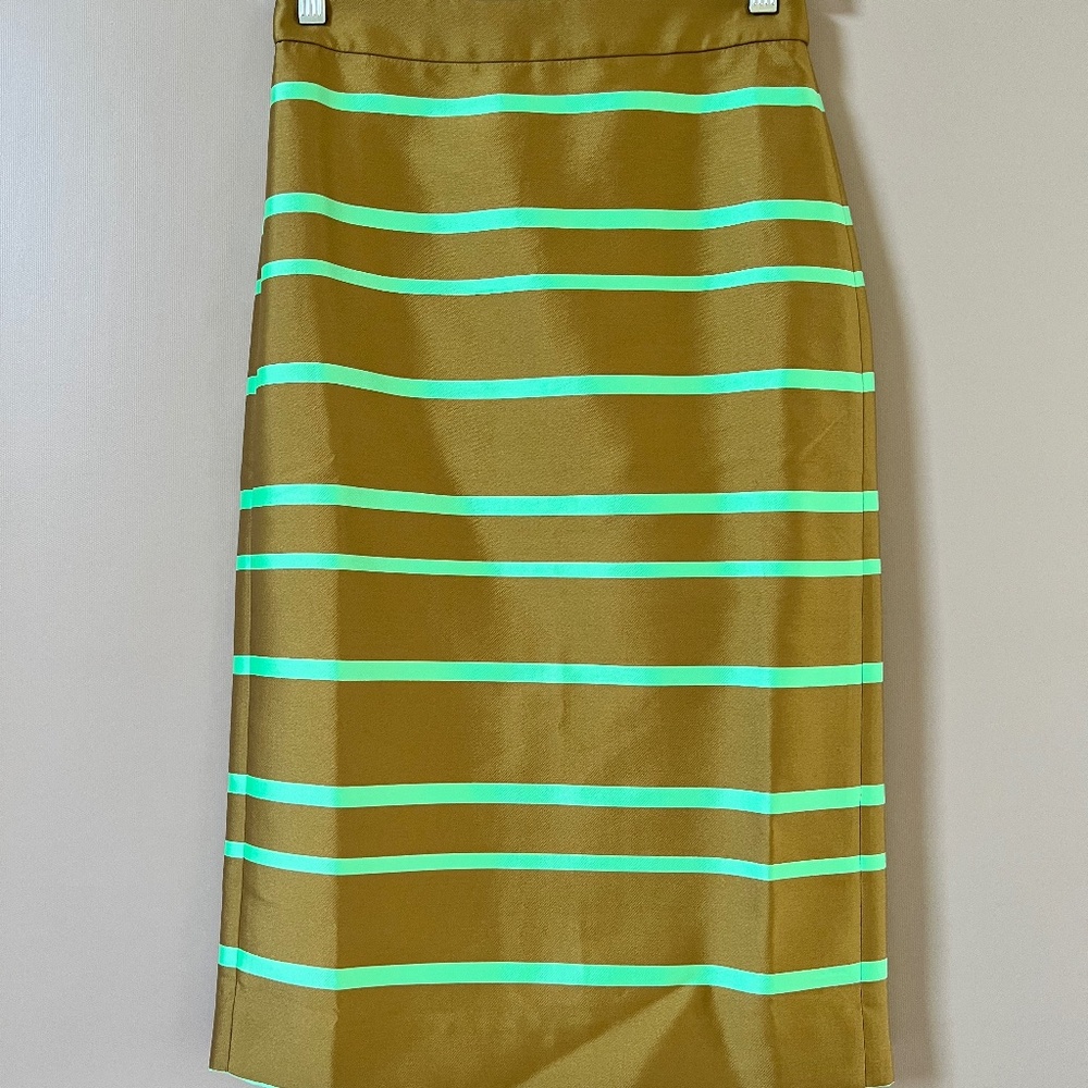 J Crew - Gold and Neon Green Striped Pencil Skirt (NWT) - Size 0